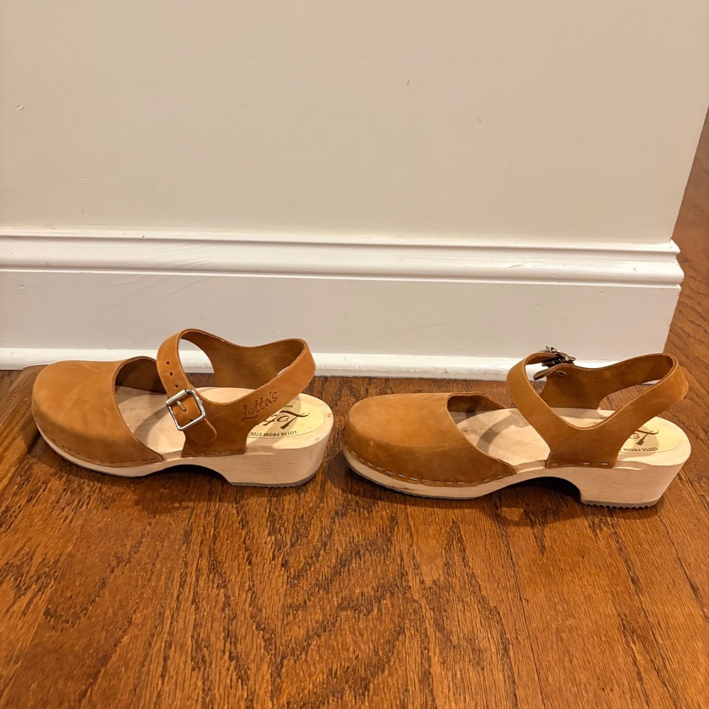 Lotta from Stockholm Swedish Low Wood Clog Sandals Tan Leather Heels Size 40 - Picture 6 of 11